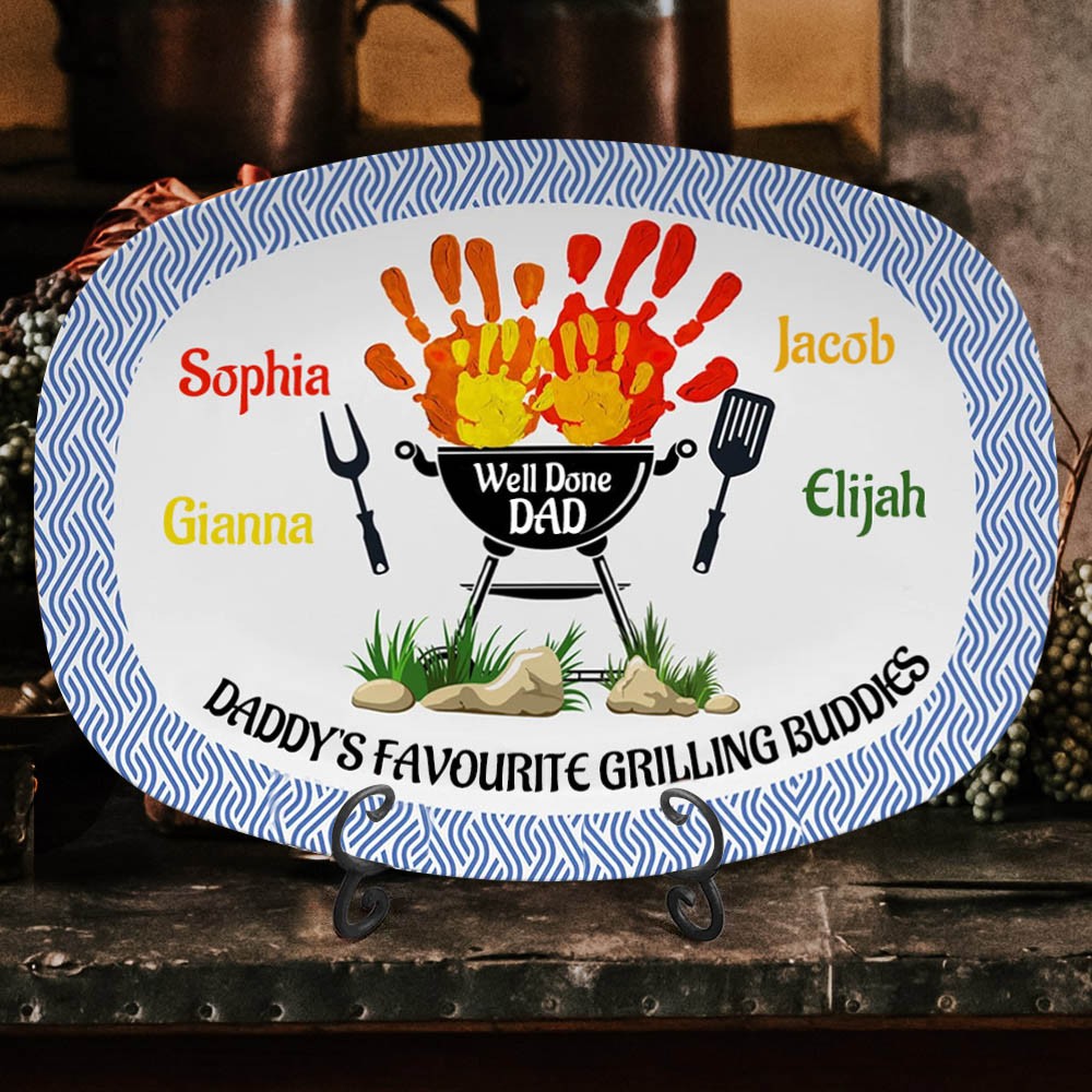Personalized Daddy's Favorite Grilling Buddies Platter BBQ Handprint Plate for Dad