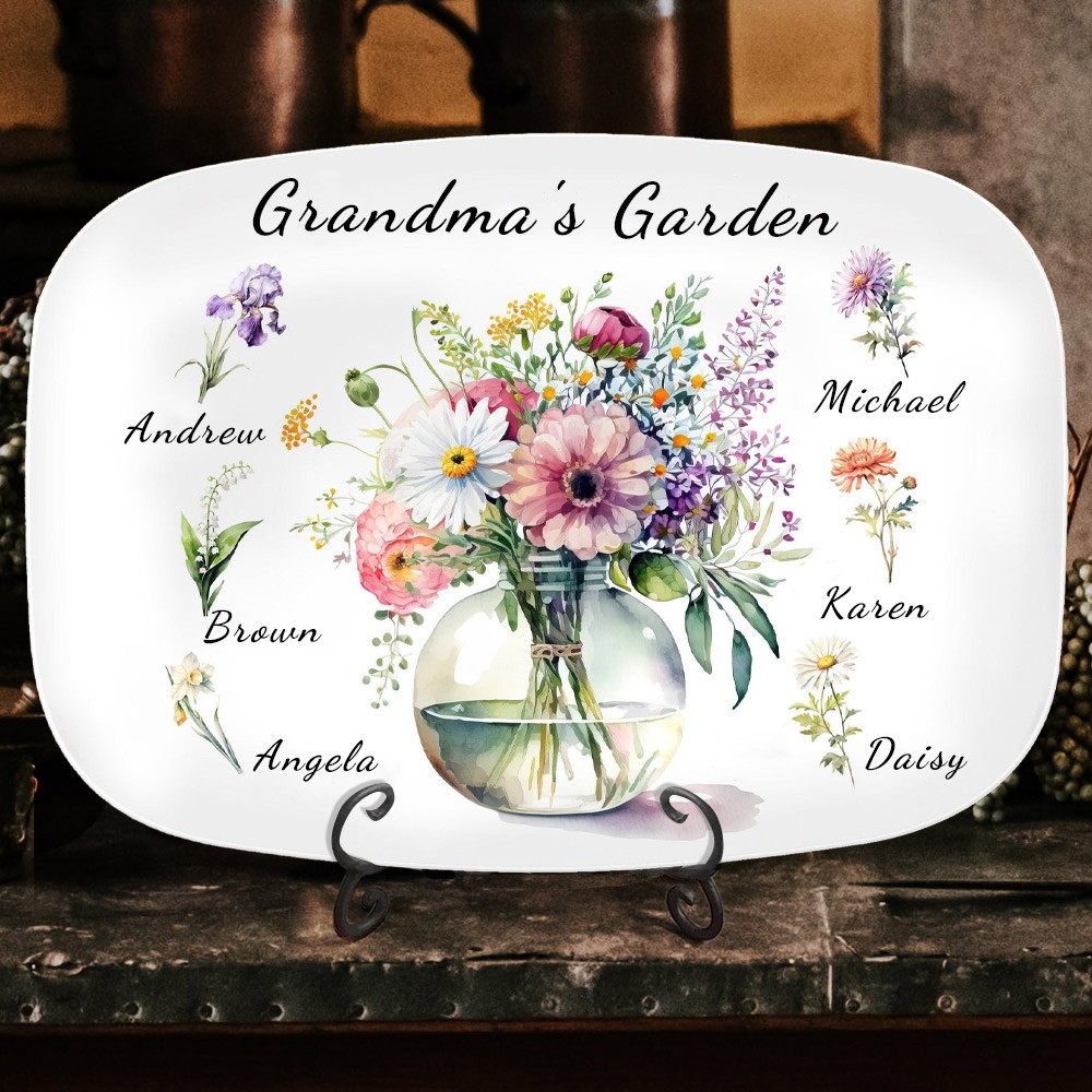Grandma's Garden Birth Flower Plate Personalized Family Platter Gifts for Mom Grandma Christmas Gift Ideas