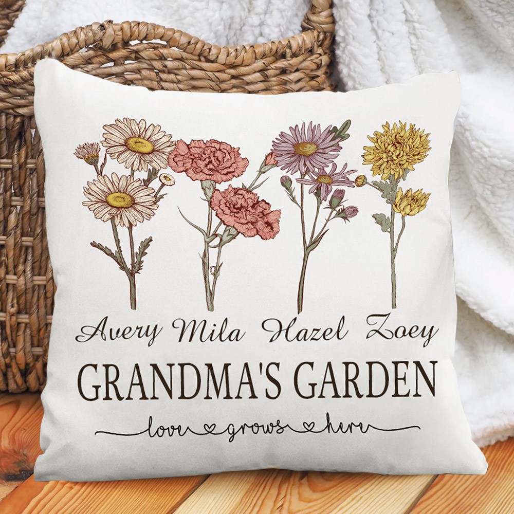 Custom Grandma's Garden Family Birth Flower Pillow Engraved with Names Gifts for Mom Grandma Mother's Day Gift 