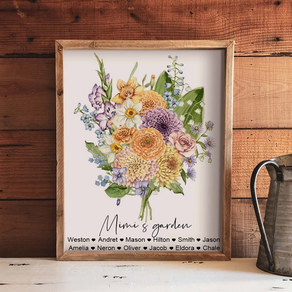Custom Mimi's Garden Birth Month Flowers Bouquet Art Print with Kids Names Gifts for Grandma Mimi Christmas Gifts for Mom