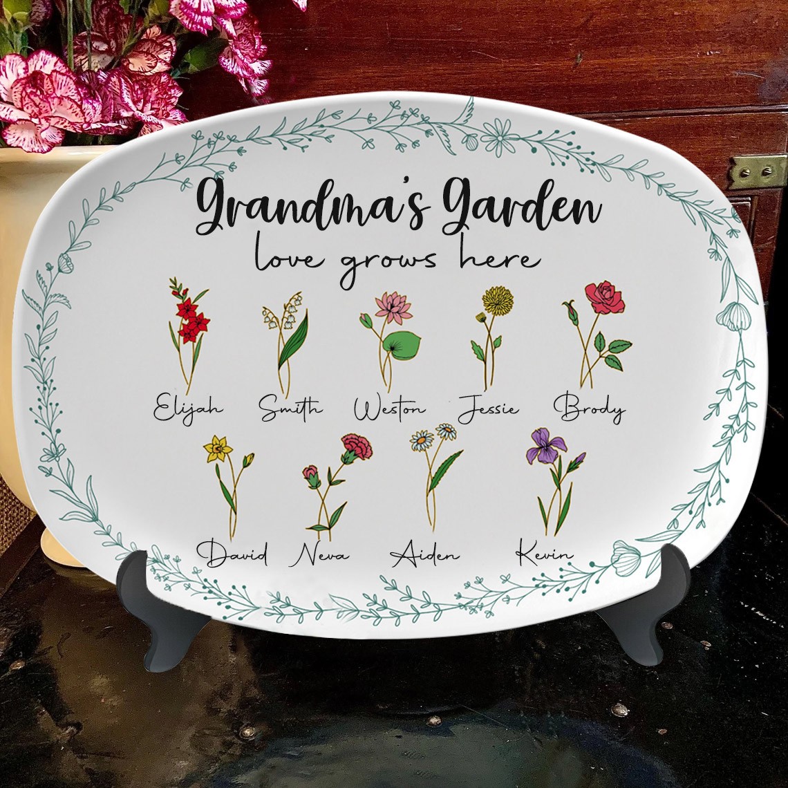 Art Print Custom Grandma's Garden Birth Flower Platter Gifts for Mom Gramdma Mother's Day Gift Ideas