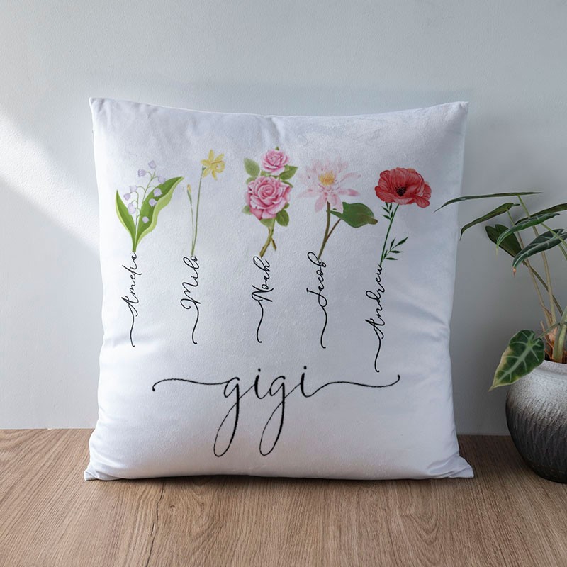 Personalized Birth Month Flower Gigi Pillow with Kids Names Mother's Day Gift