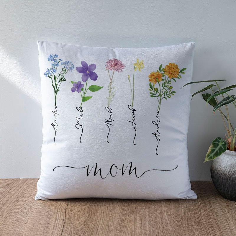 Personalized Birth Month Flower Mom Pillow with Kids Names Mother's Day Gift