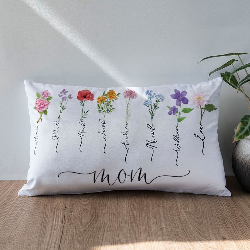 Personalized Birth Month Flower Mom Pillow with Kids Names Mother's Day Gift