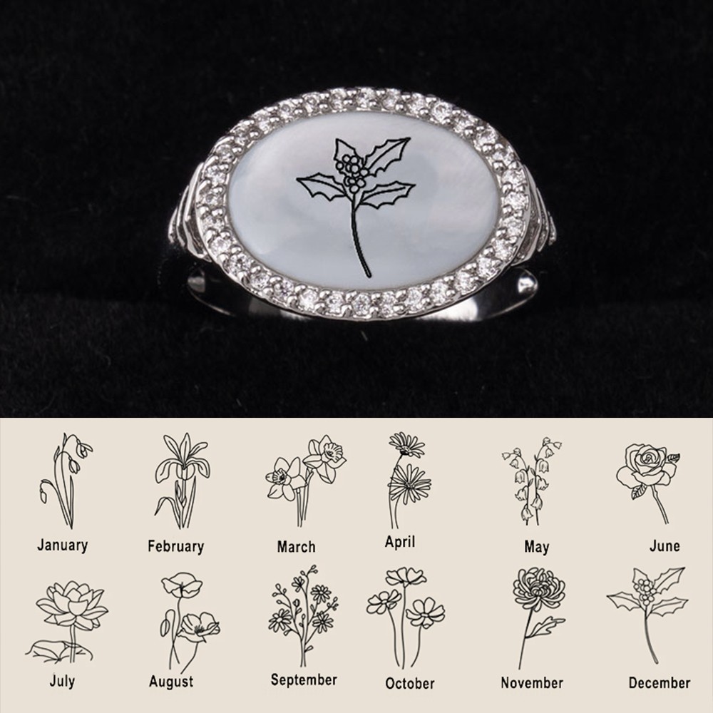 Personalized Shell Birth Flower Ring Floral Signet Ring Mother's Day, Christmas Gift