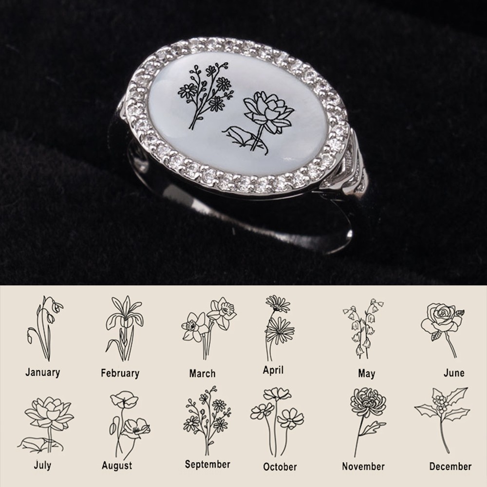Personalized Shell Birth Flower Ring Floral Signet Ring Mother's Day, Christmas Gift