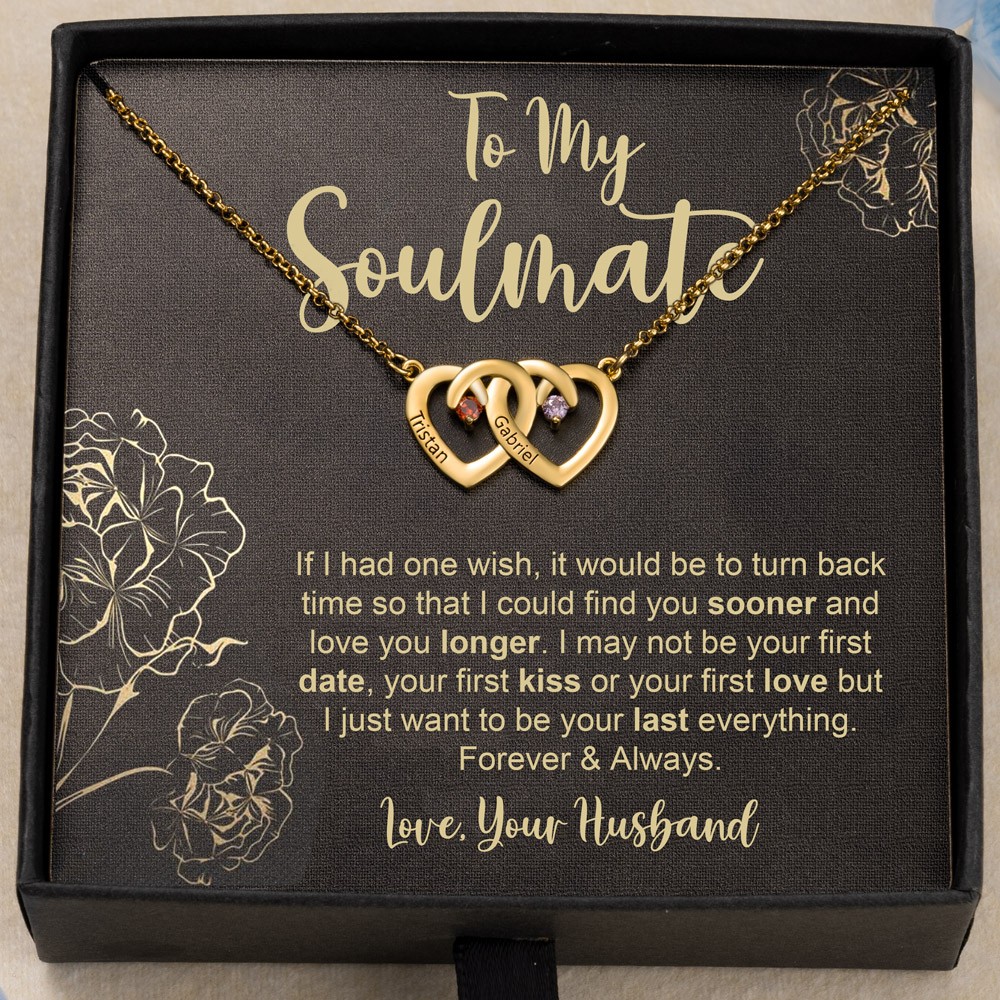 Personalized To My Soulmate Double Heart Birthstone Necklace with Names Gifts for Her Anniversary Gifts Valentine's Day Gifts