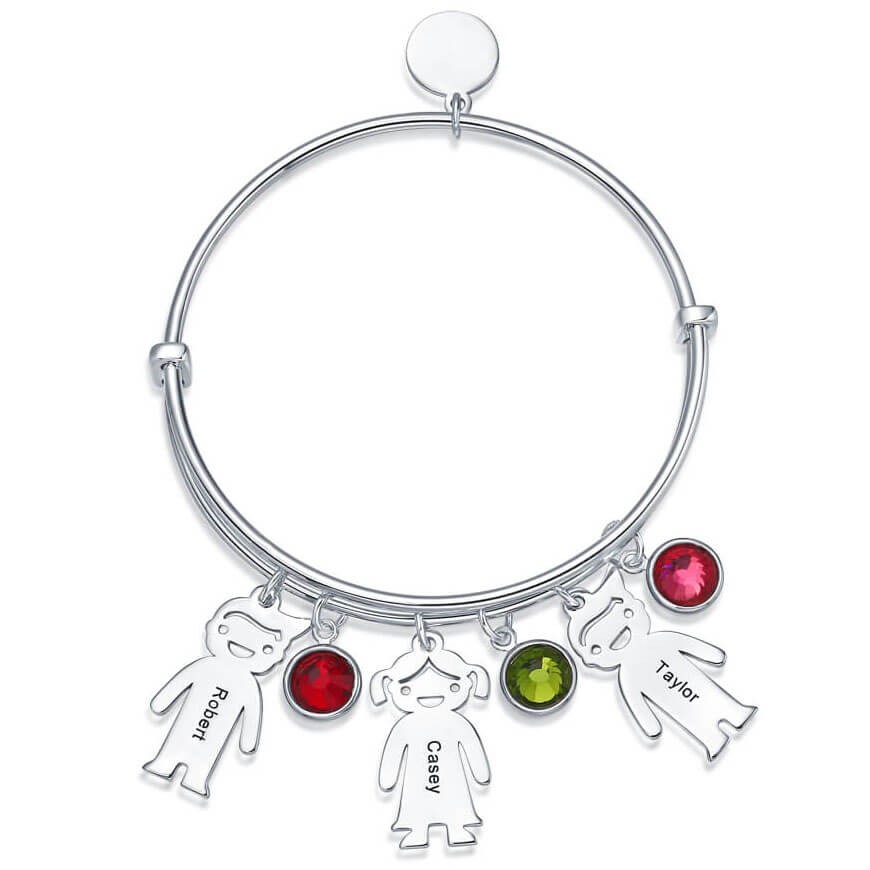 Personalized Bangle Bracelet With 1-10 Birthstones Kids Charms