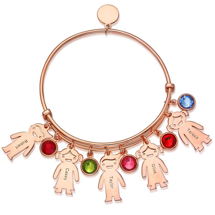 18K Rose Gold Personalized Bangle Bracelet With 1-10 Birthstones Kids Charms