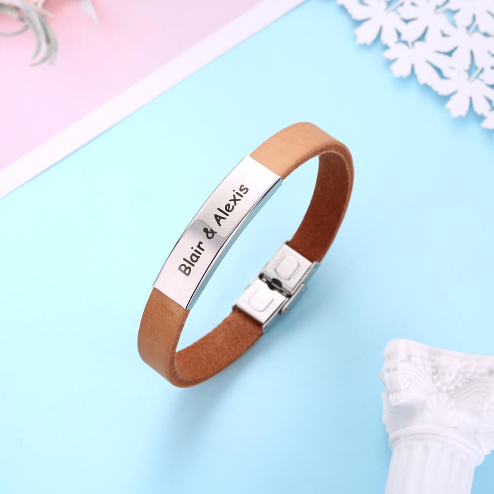 Personalized Leather Bracelet with Engraved Bar