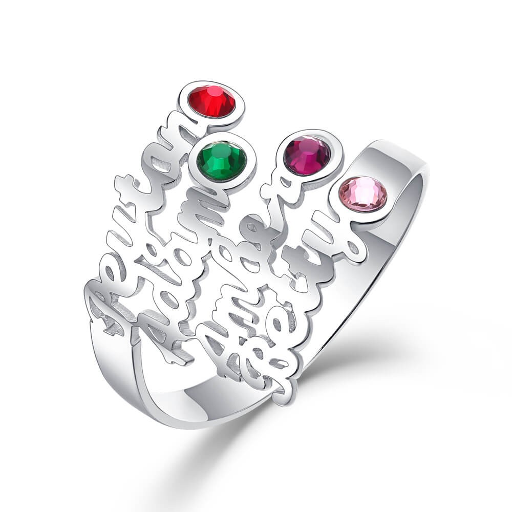 S925 Sterling Silver Personalized Birthstone Ring with 4 Names Gift for Her