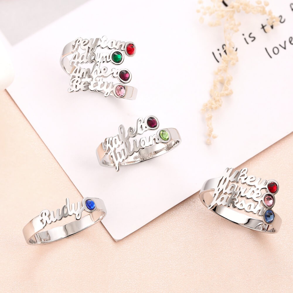 S925 Sterling Silver Personalized Birthstone Ring with 1-4 Name Gift for Her