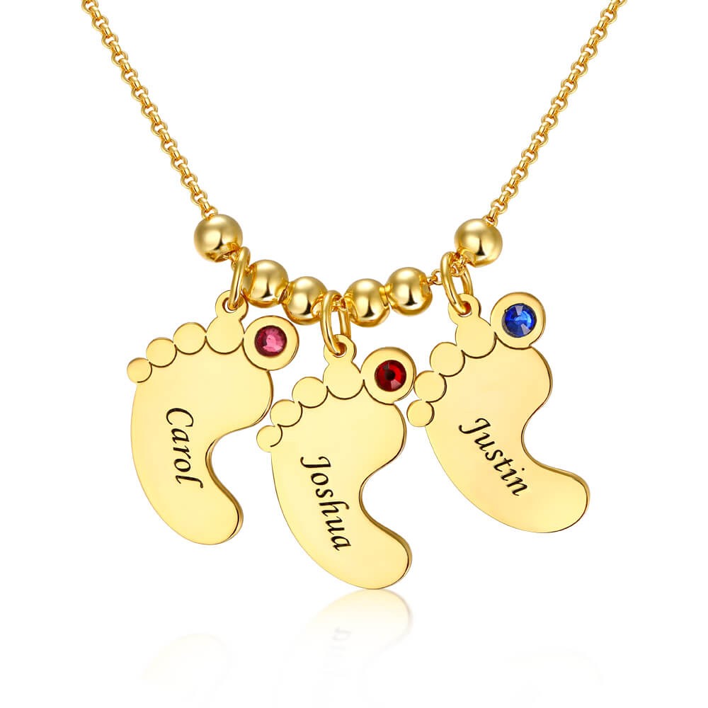 18K Gold Plating Personalized 1-10 Baby Feet Shape Pendants Name Necklace with Birthstones