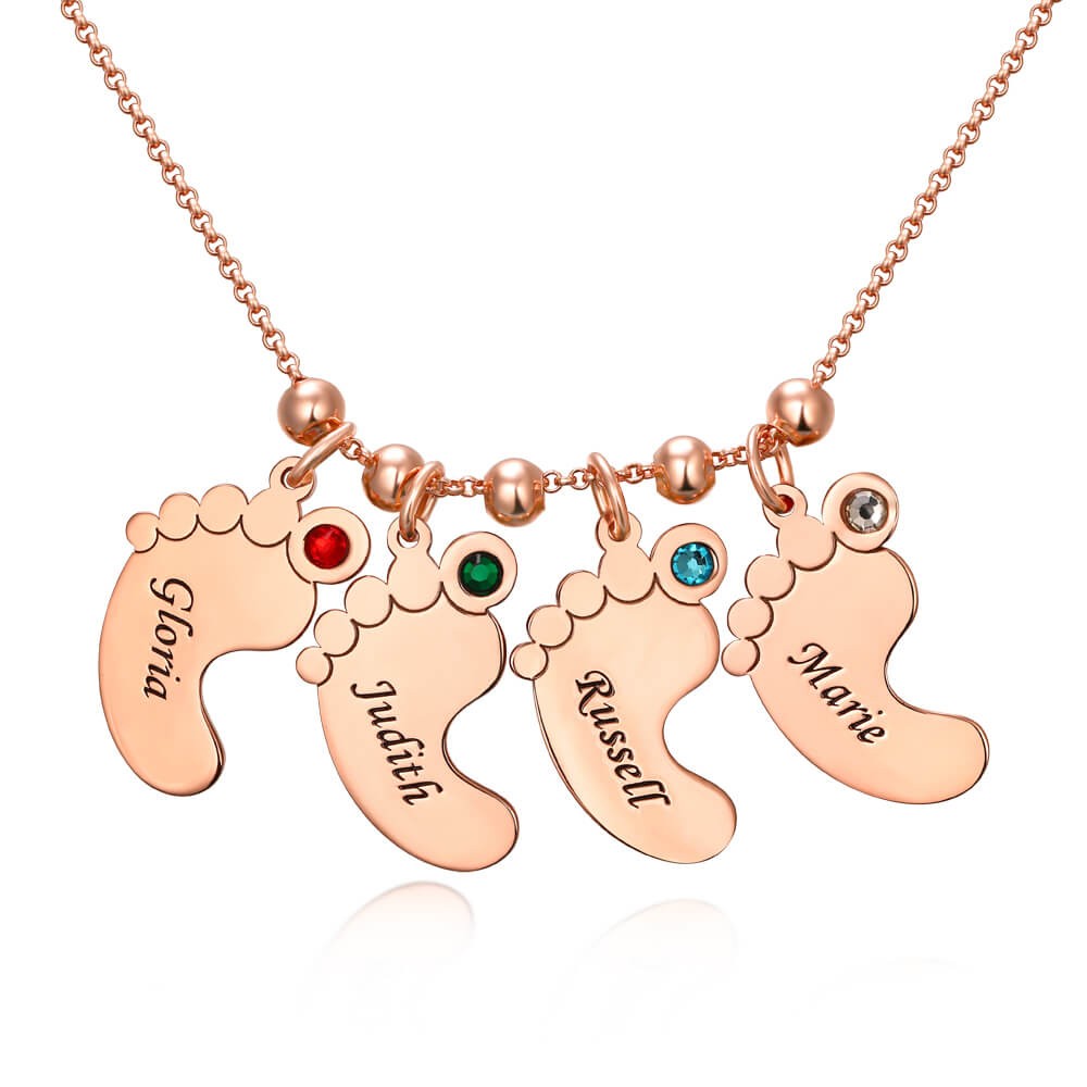 18K Rose Gold Plating Personalized 1-10 Baby Feet Shape Pendants Name Necklace with Birthstones
