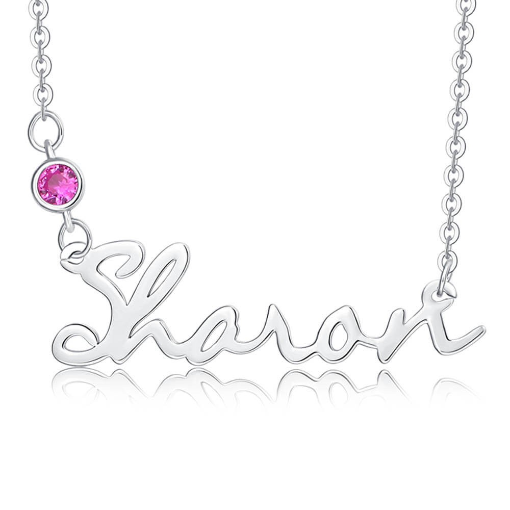 Personalized Silver Name Necklace With Birthstone for Her