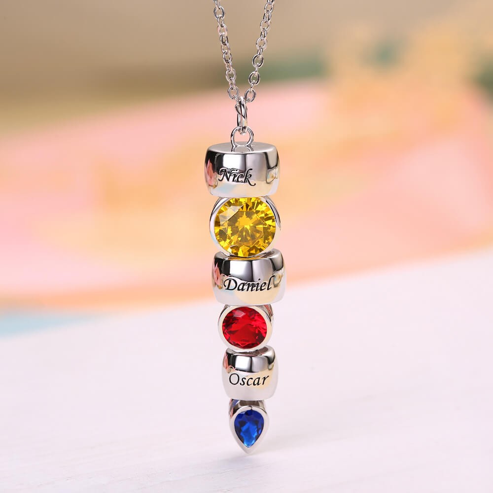 Personalized Dorp Birthstone Engraved Necklace With 1-6 Birthstones and Engravings