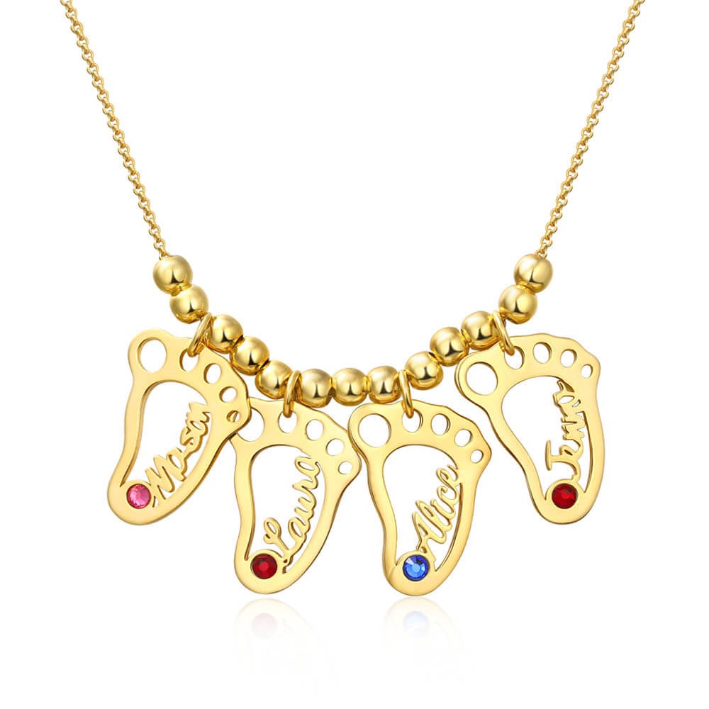 18K Gold Plating Personalized 1-10 Baby Feet Shape Pendants Name Necklace with Birthstones Mother's Necklace