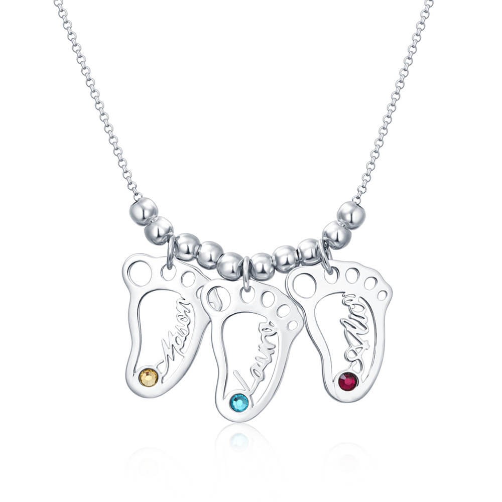 Silver Personalized 1-10 Baby Feet Shape Pendants Name Necklace with Birthstones Mother's Necklace