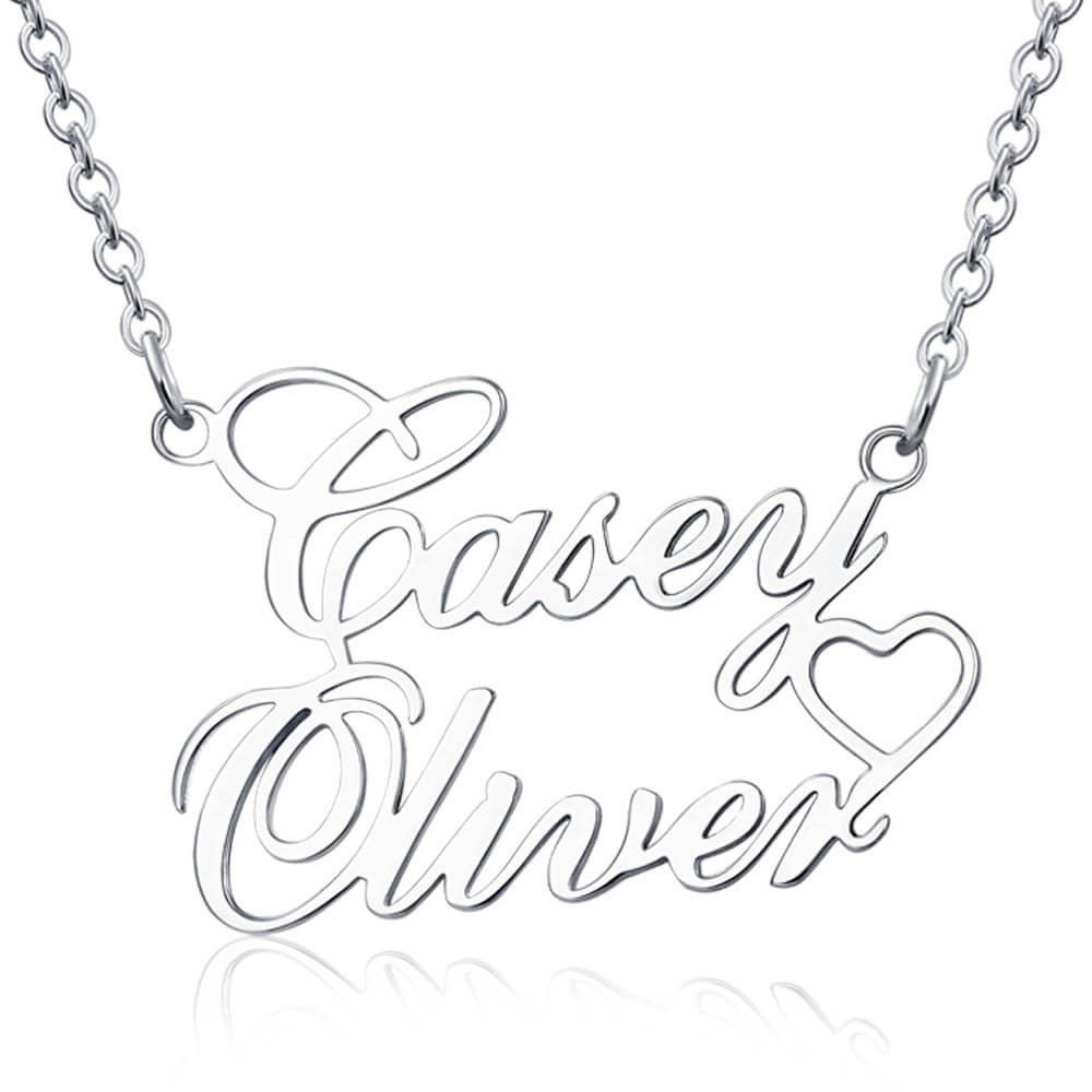 Copper/925 Sterling Silver Personalized Double Names Necklace with A Cut Out Heart