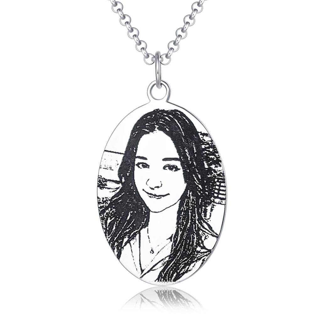 Personalize Engraved Oval Shadow Carving Photo Necklace