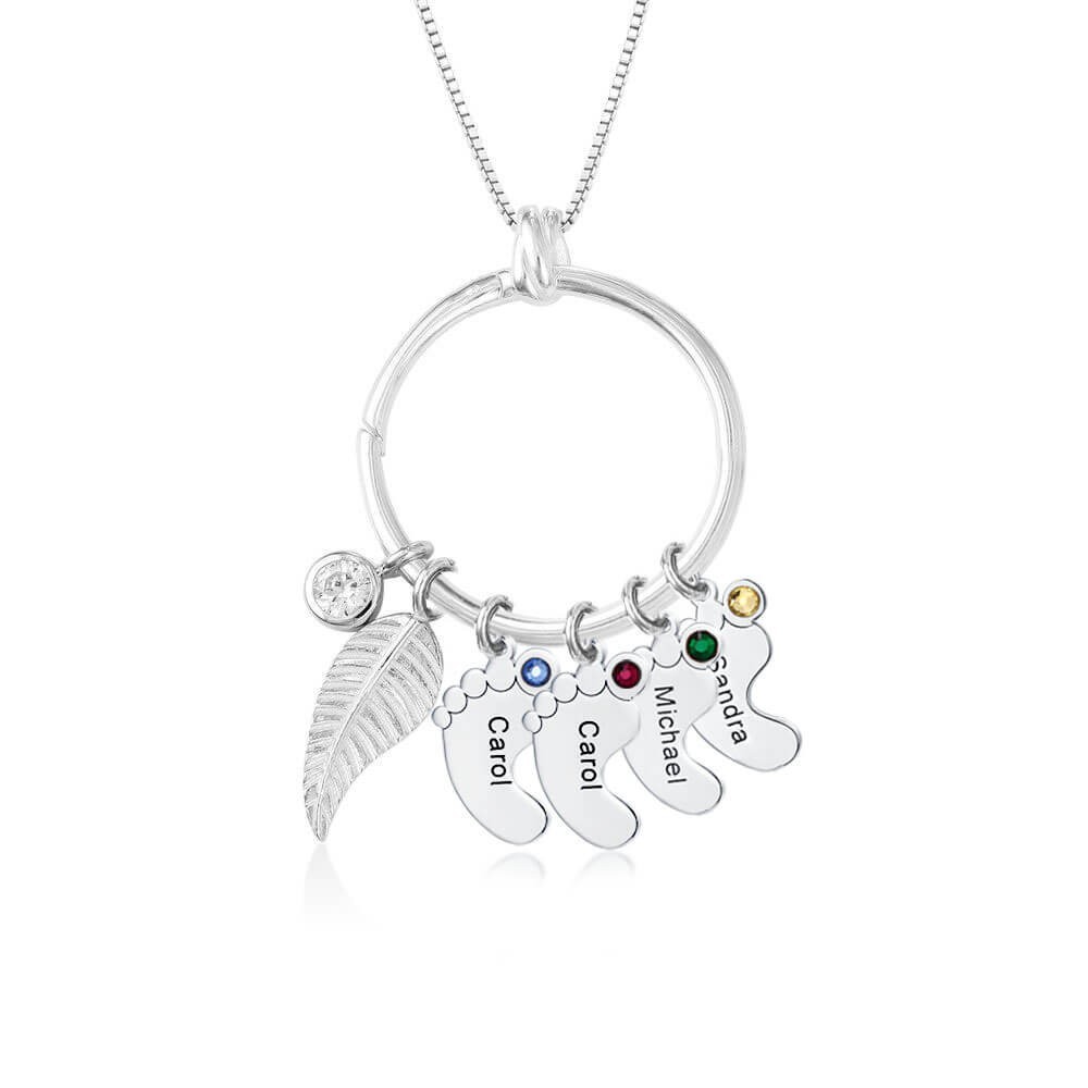 Personalized Leaf Charm Circle with 1-8 Baby Feet Shape Pendants Perfect Mother's Day Gift