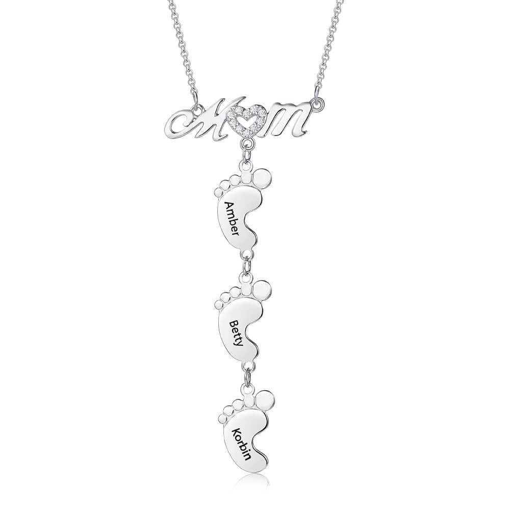 Silver Personalized Mom Necklace With Baby Feet 1-10 Pendants