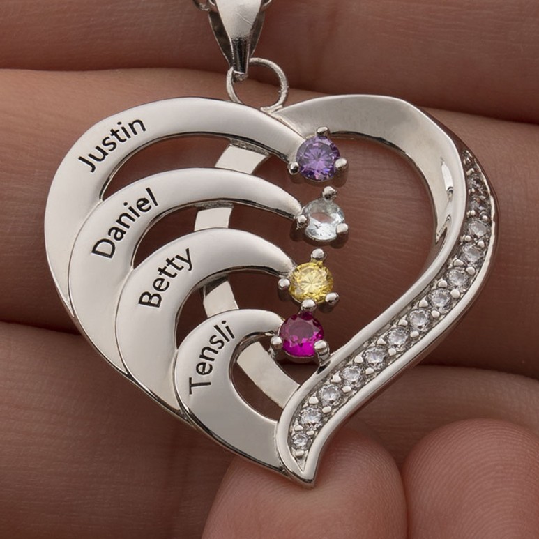 Personalized Heart Name Necklace with 1-6 Birthstones Designs