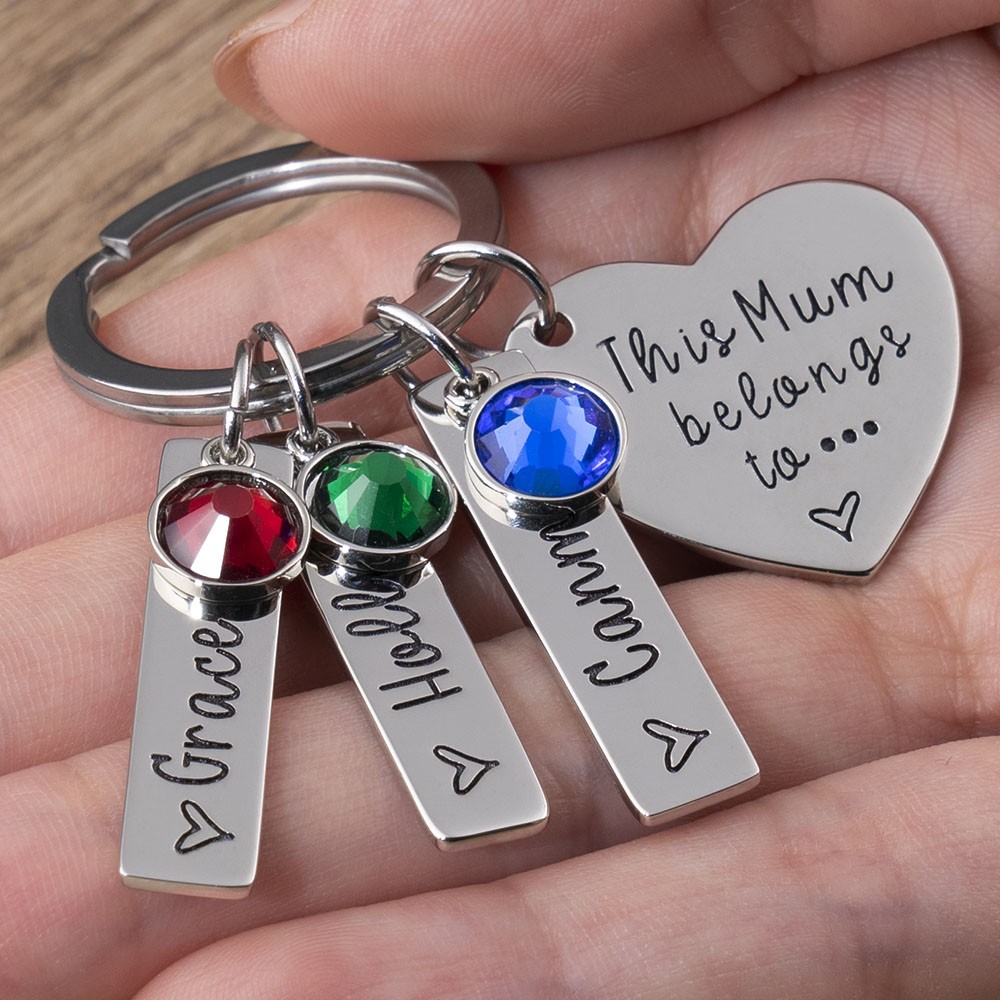 Personalized 1-10 Engraving Names with Birthstone Keychain Gift For Mom and Grandma