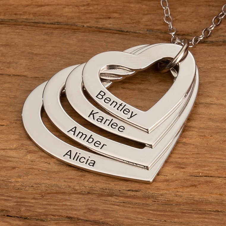 Silver Personalized Engraved Heart Shaped Family Necklace 1-4 Engraving Name Necklace