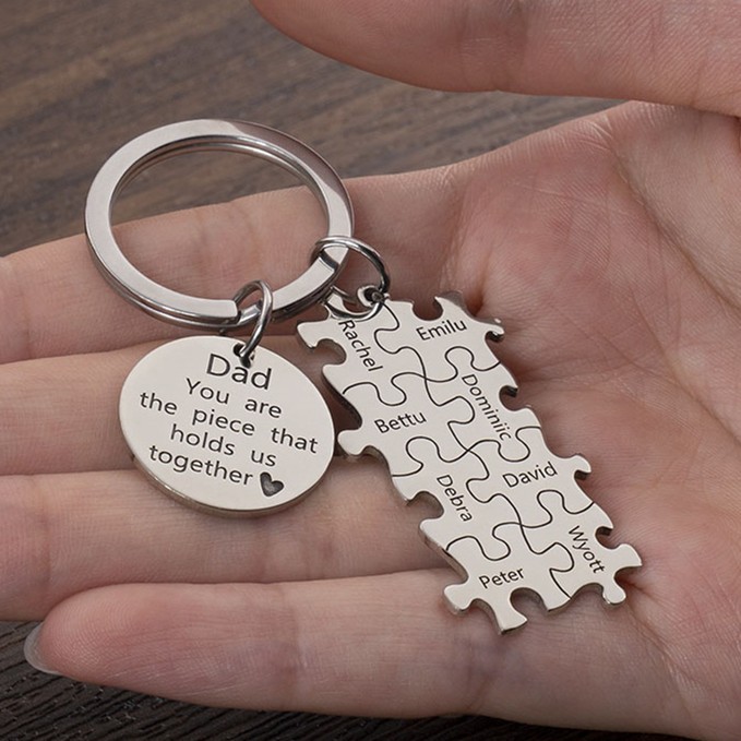 Father’s Day Gift Personalized Dad Puzzle Keychain Engraving 1-20 Names 