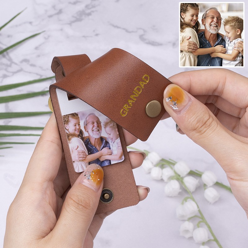 Personalized Brown Leather Engraved Photo Keychain