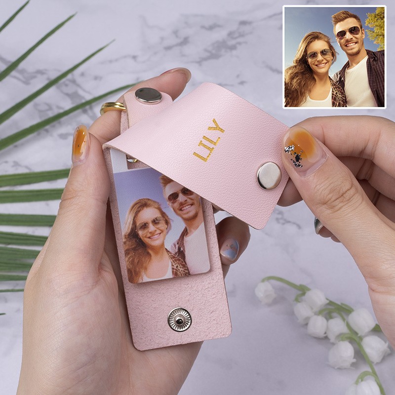 Personalized Pink Leather Engraved Photo Keychain