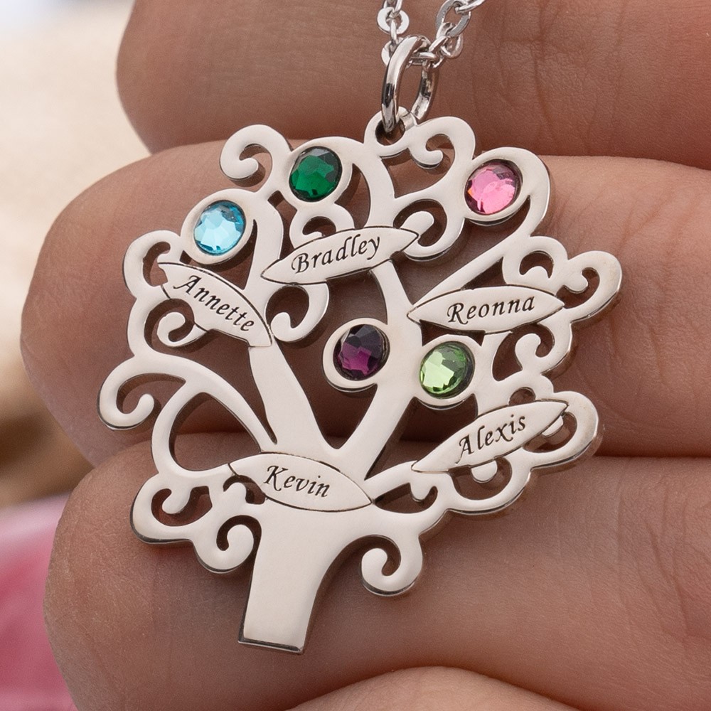Personalized Birthstones Family Tree Necklace with 1-6 Names Customize Family Jewelry