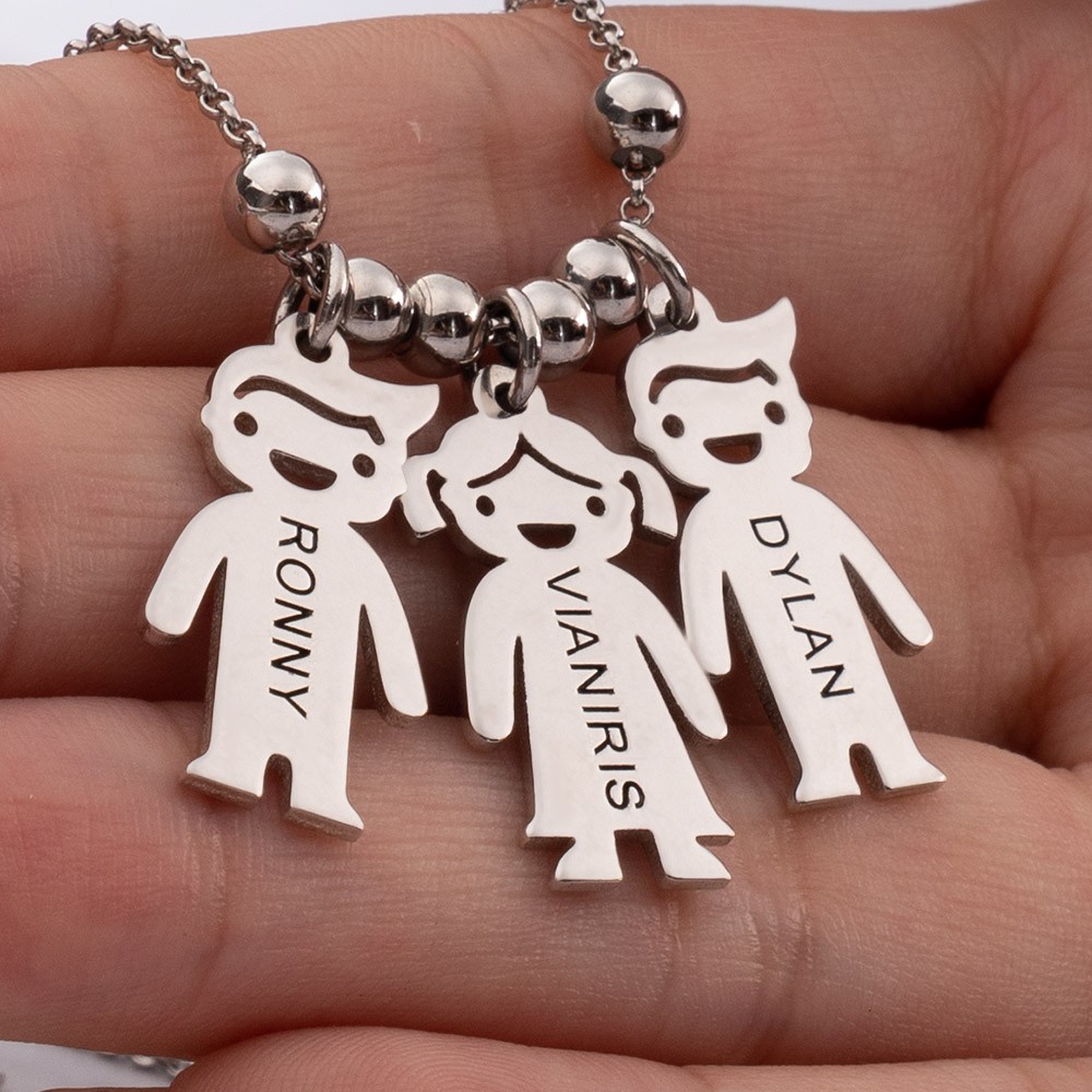 Silver Personalized 1-15 Children Charms Necklace Engraved Mother's Necklace