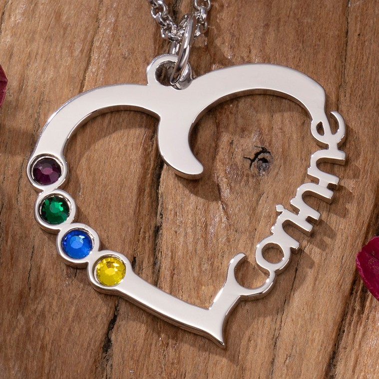 Personalized 1-5 Birthstones Heart Necklace With Name