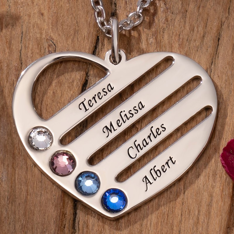 Personalized Heart Necklace with 1-4 Birthstones and Engravings
