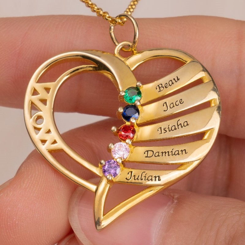 Personalized Heart Name Necklace with 1-6 Birthstones Designs