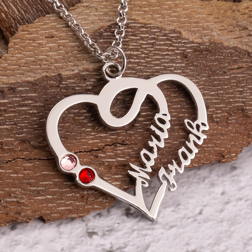 Personalized Couple Heart Names Necklace With Birthstones
