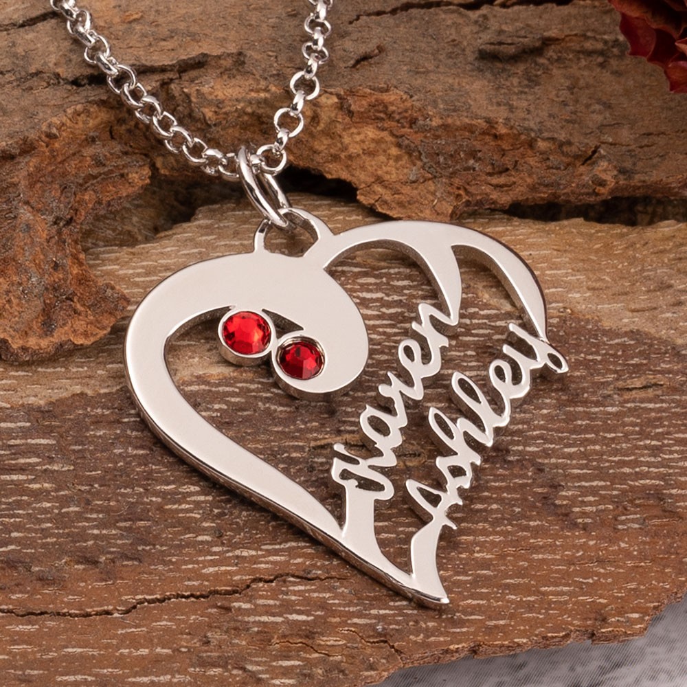 Two Heart Forever Name Necklace With Birthstone Sterling Silver