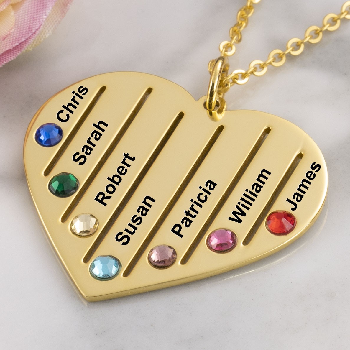 18K Gold Plating Personalized Necklace 1-7 Birthstones and Engravings Engraved Birthstone Necklace