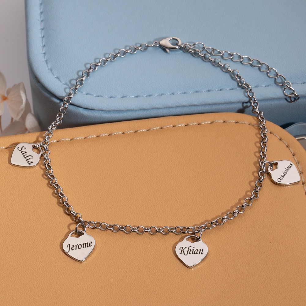 Custom Heart Charms Bracelet Engraved with Names Gift for Her Mother's Day Gift
