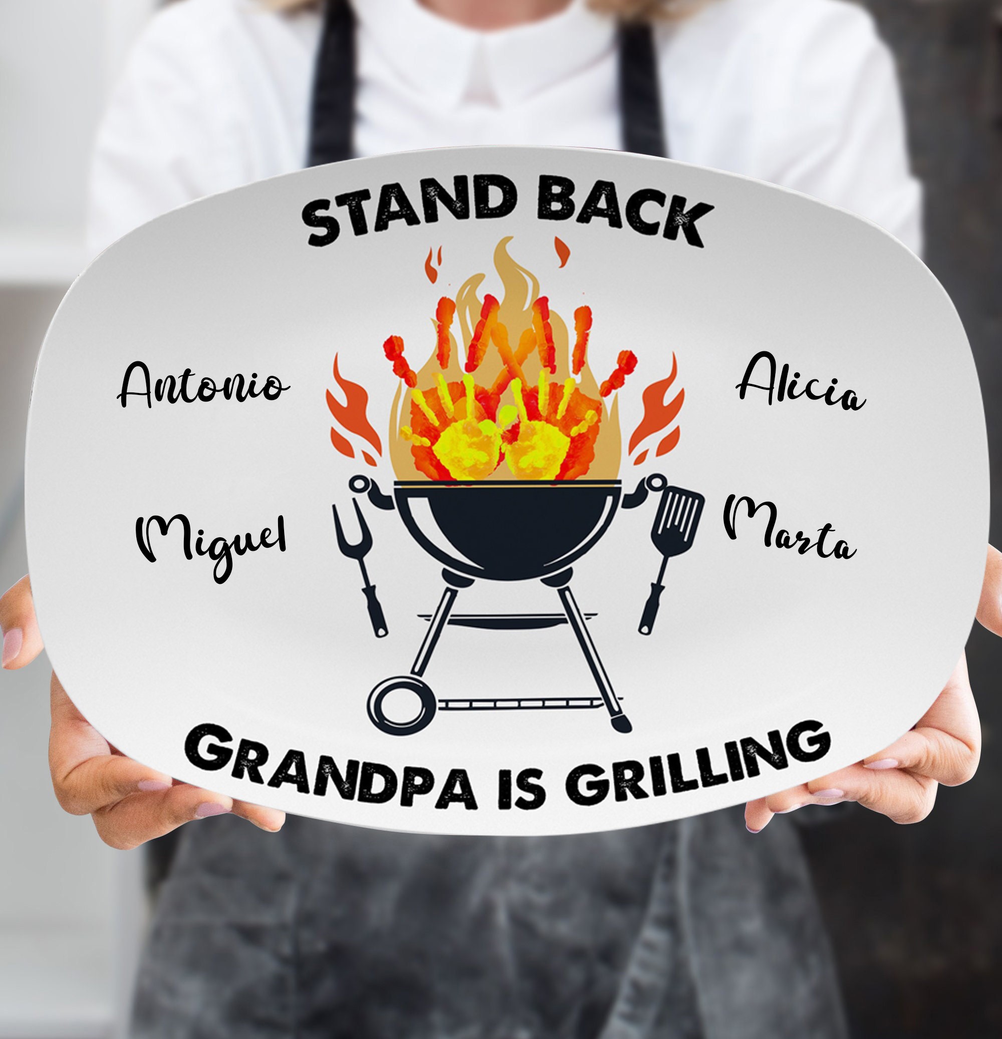 Personalized Stand Back Grandpa Is Grilling Platter Father's Day BBQ Gift