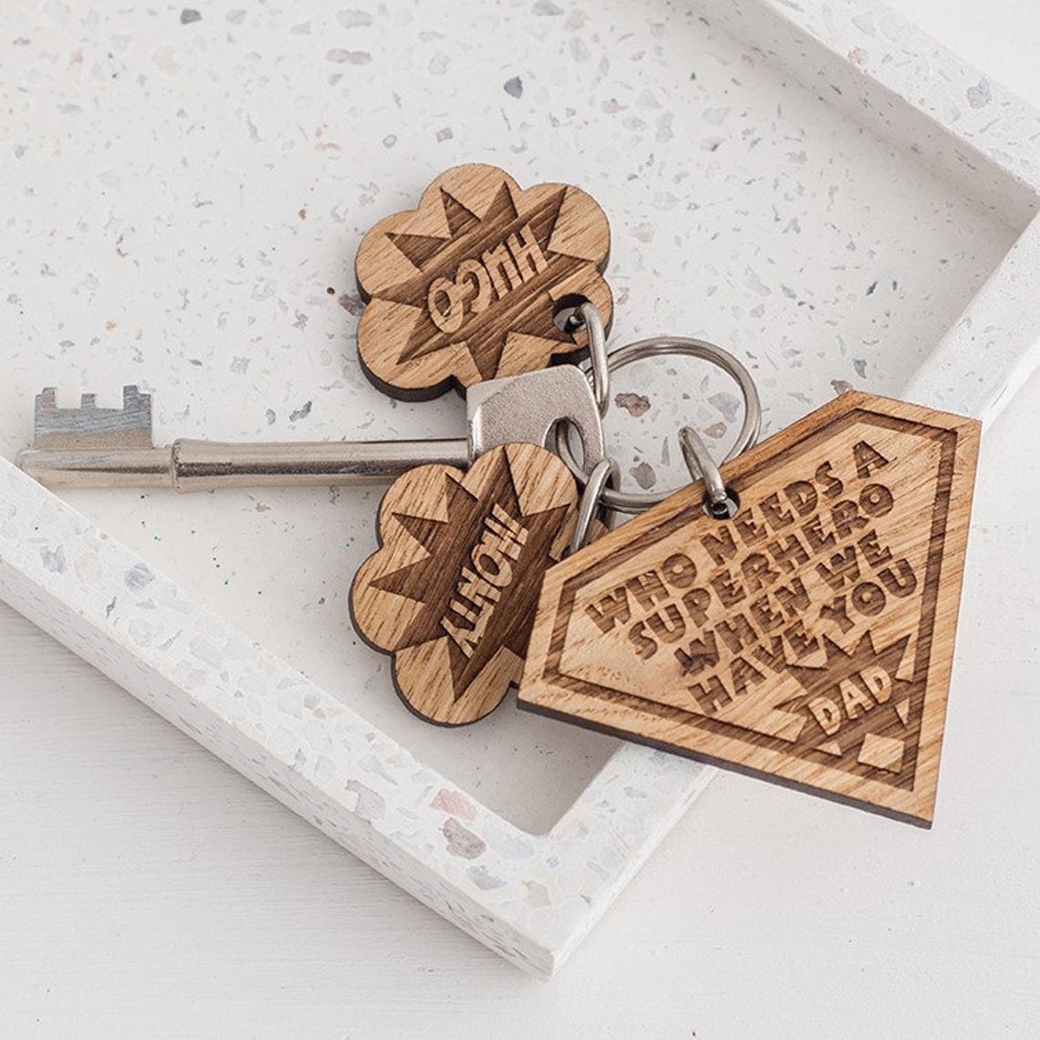 Father's Day Gift Personalized Superhero Dad Wooden Keychain