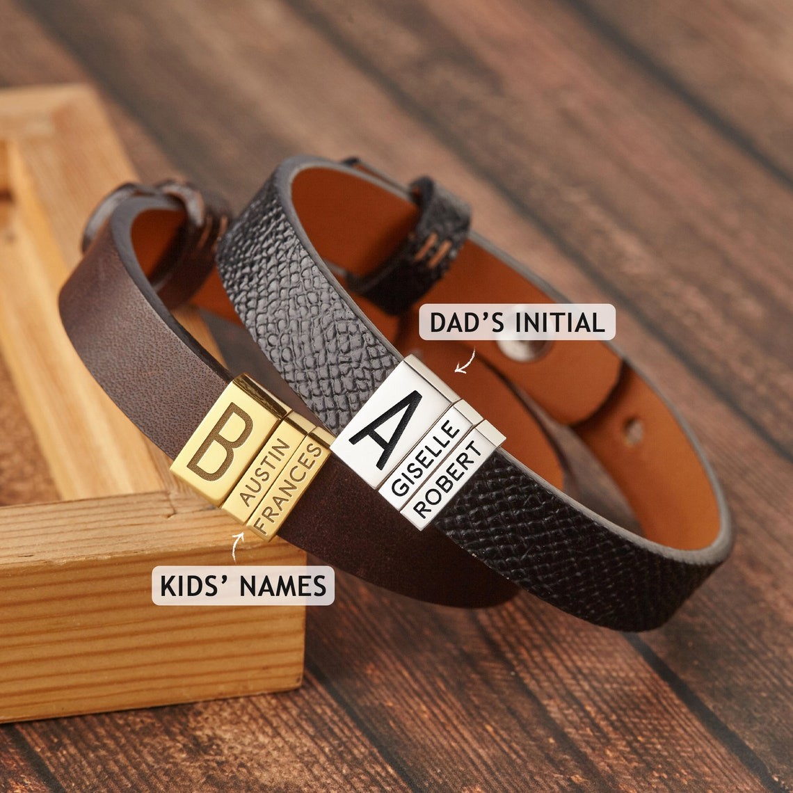 Personalized Leather Beads Bracelet With 1-10 Kids Names Engraving Father's Day Gifts