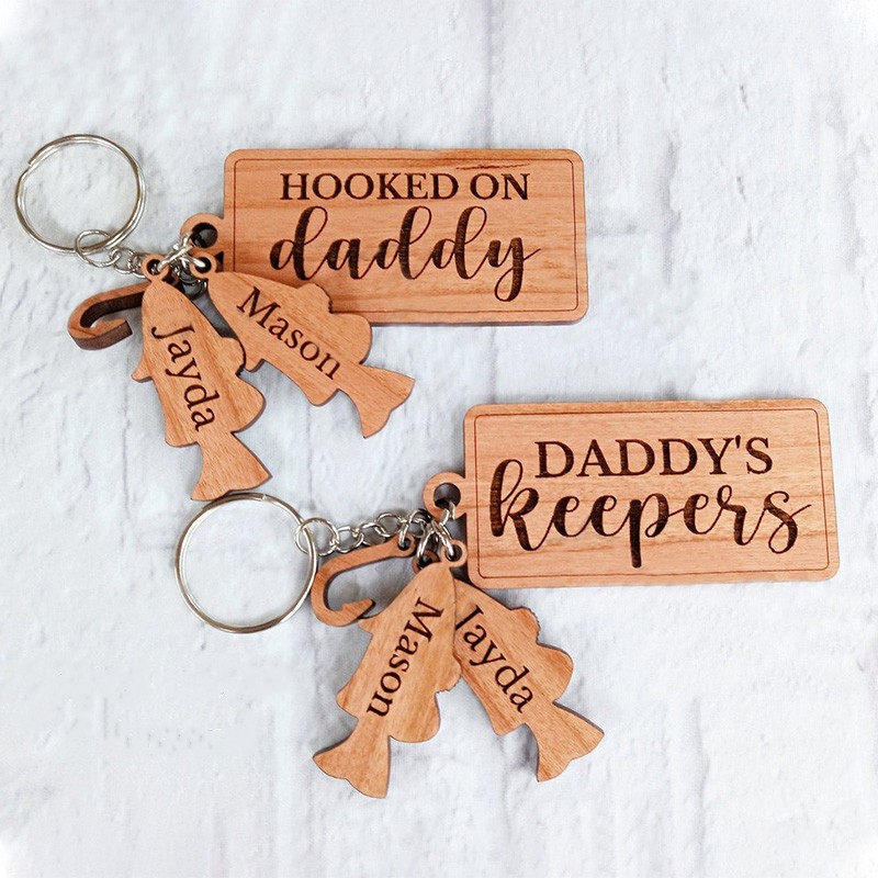 Handmade Father's Day Gift Personalized Fishing Keychain Hooked on Daddy Dad Grandpa