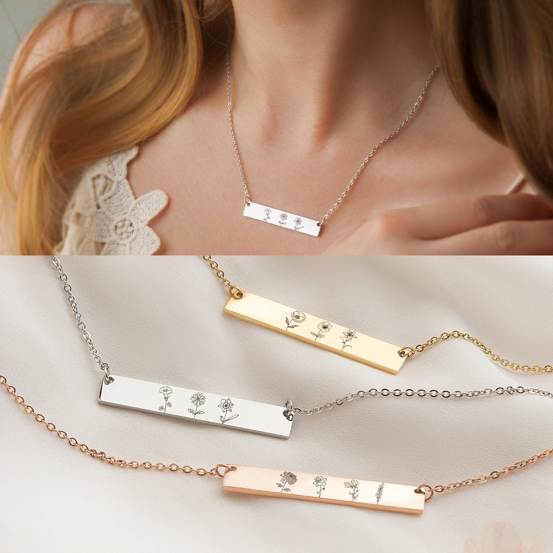 Personalized Birth Month Flower Bar Necklace with 1-6 Flowers