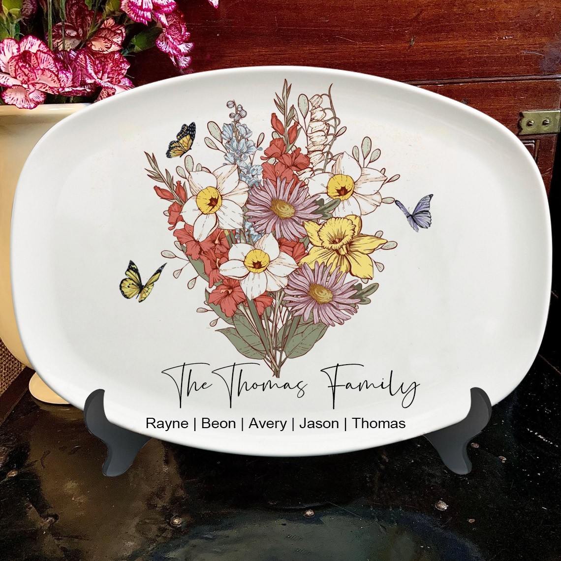 Personalized Garden Birth Month Flower Bouquet Platter With Kids Names New Mom Gift Gifts for Mom Grandma
