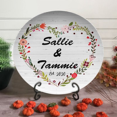 Personalized Floral Wreath Couple Serving Plate Wedding Anniversary Valentine's Day Gift for Wife