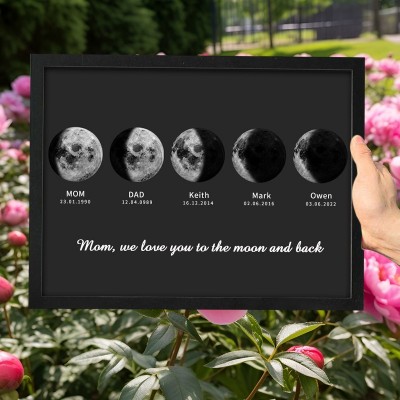 Mom We Love You To The Moon And Back Custom Moon Phase Frame with Kids Names for Mom Mother's Day Gift Ideas