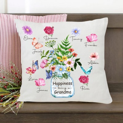 Personalized Birth Month Flower Pillow with Grandkids Names Happiness Is Being A Grandma Pillow Gift Ideas for Grandma Mom